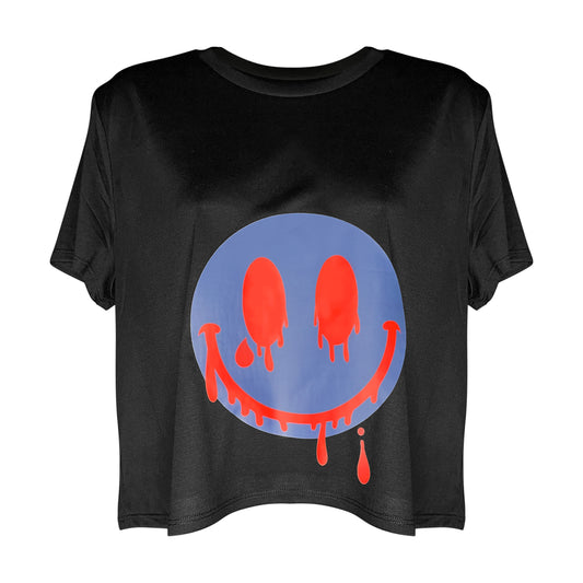 2023 Smiles Series: Blue/Red Melting Smiley Face Womens's flowy Crop Top