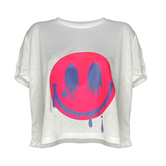2023 Smiles Series: Pink/Blue Melting Smiley Face Women's flowy Crop Top