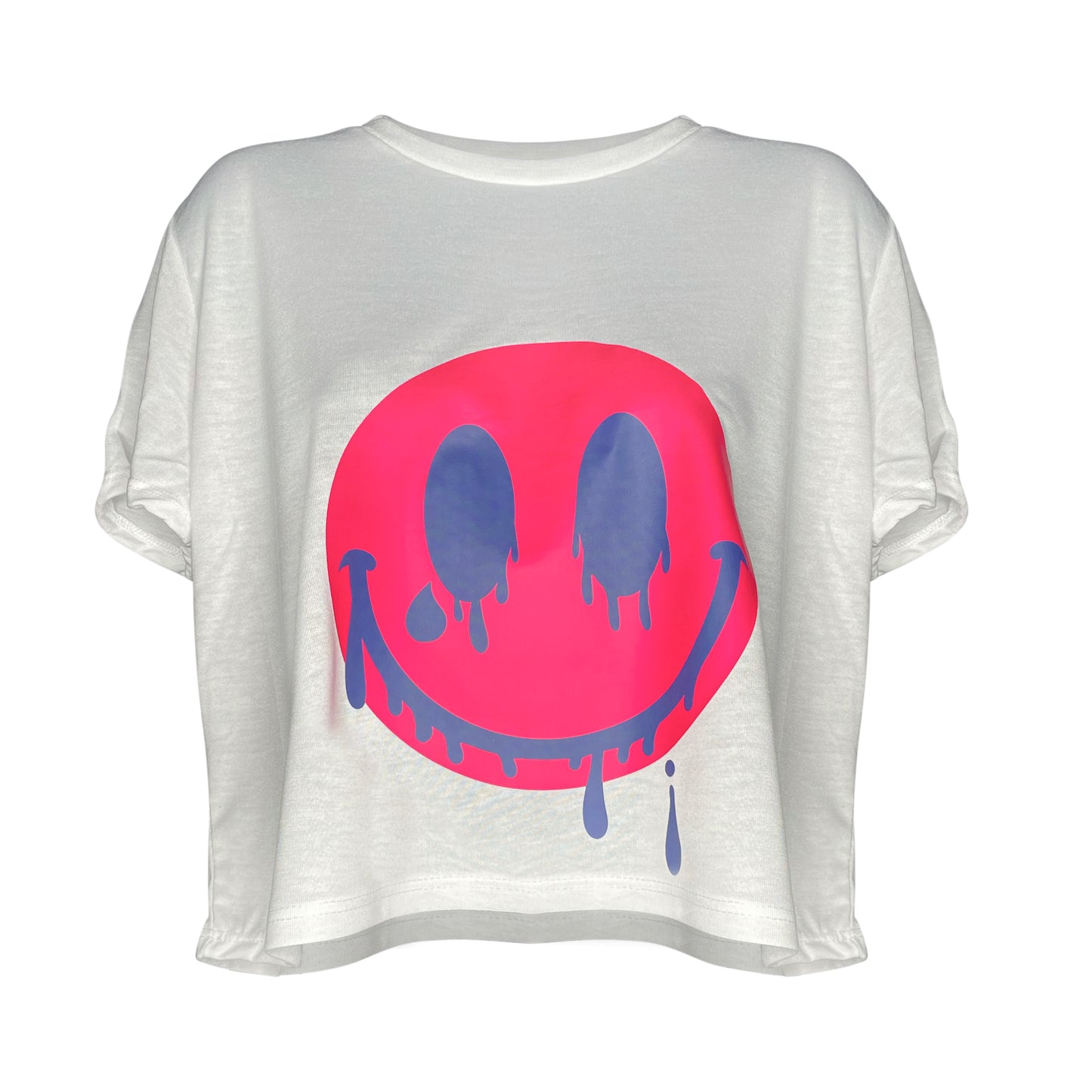 2023 Smiles Series: Pink/Blue Melting Smiley Face Women's flowy Crop Top